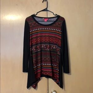 Colorful Aztec print top with asymmetric hemline